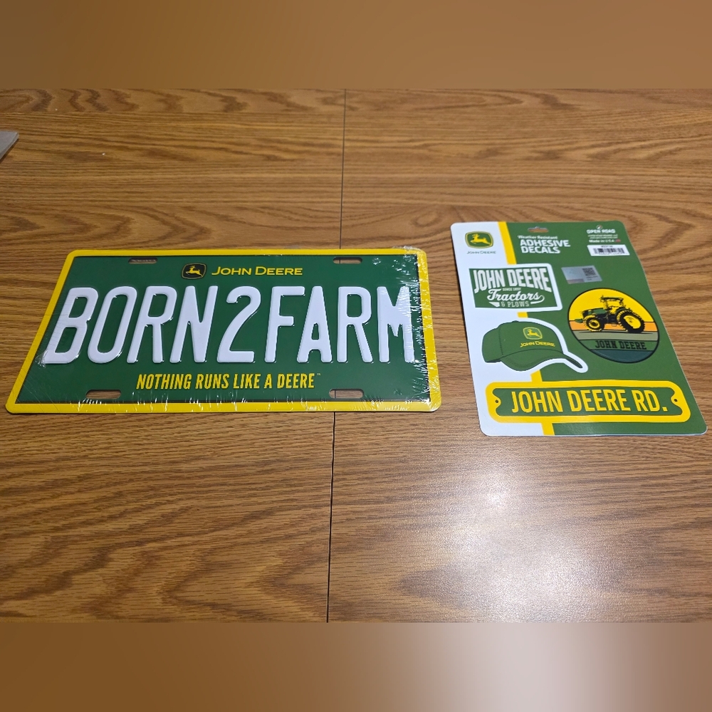 John Deere Metal Farm License Plate and Decal Set